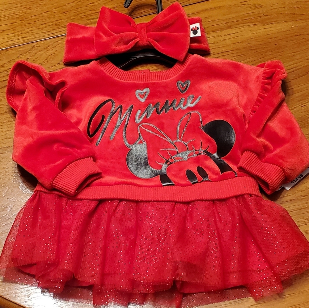 Disney Baby Red Dress w/matching Headband Bow. Sz 3/6 month